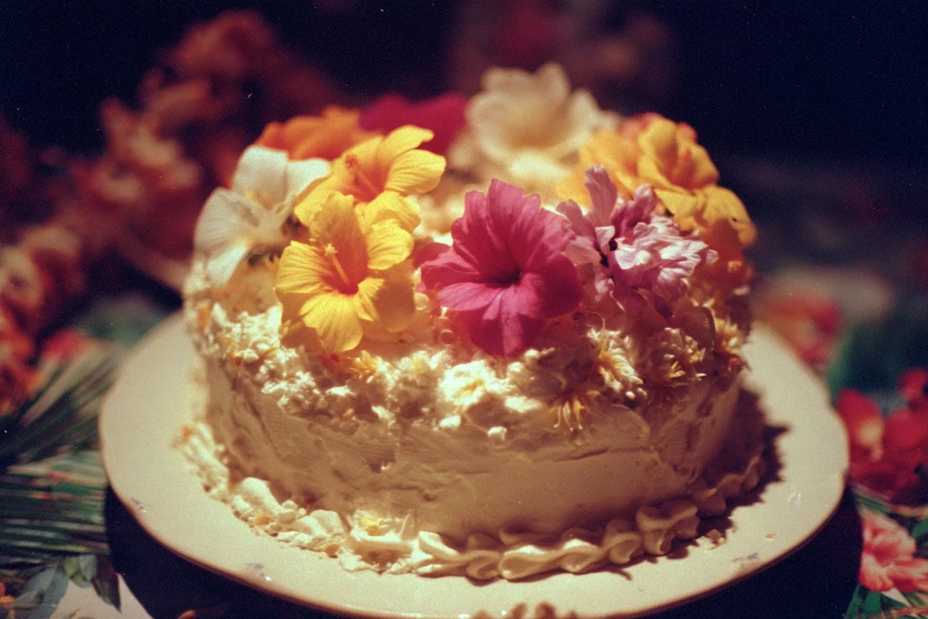 Beautifully decorated Hawaiian theme cake with tropical flowers and colors