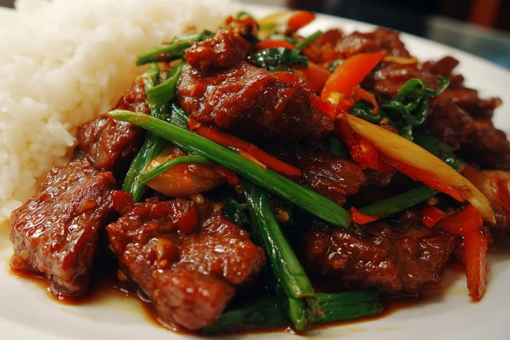 Healthy beef dinner on a plate with vegetables and seasonings