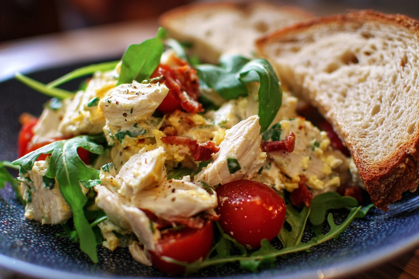 Healthy chicken salad with fresh vegetables and chicken pieces