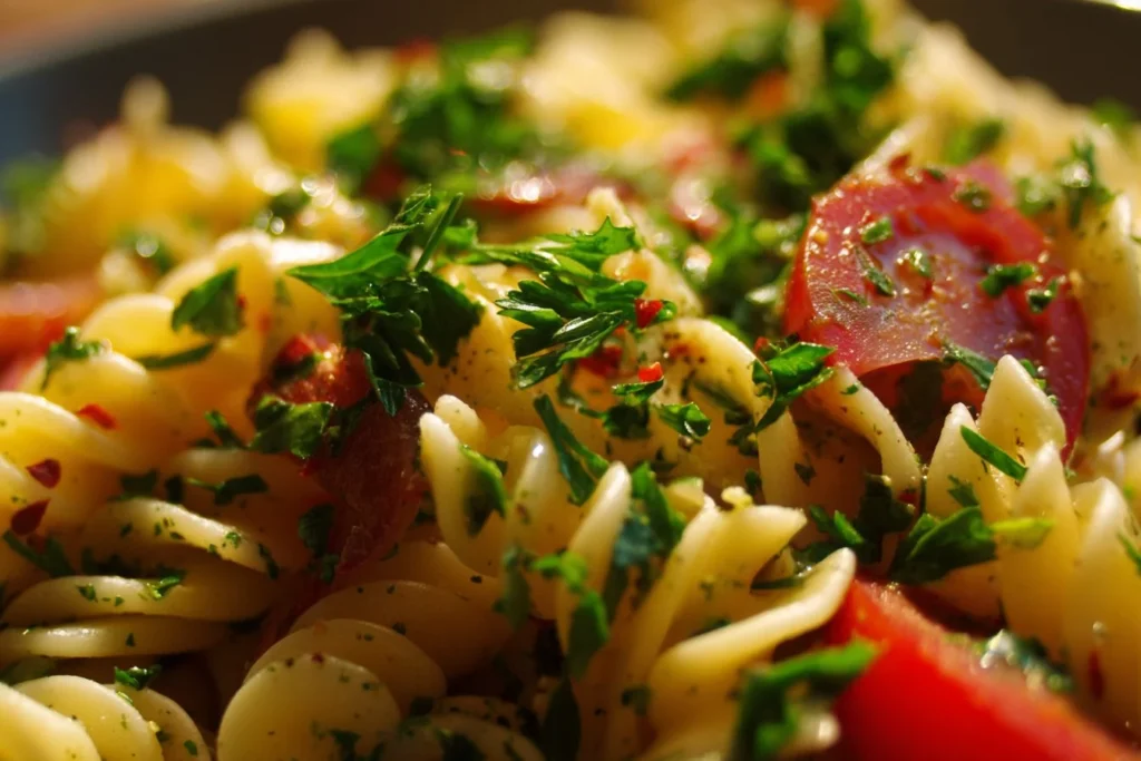 Colorful healthy pasta salad with fresh vegetables and dressing