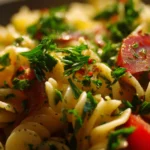 Colorful healthy pasta salad with fresh vegetables and dressing