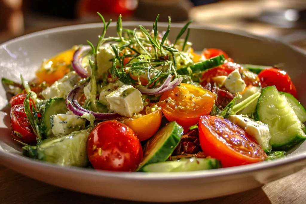 A colorful and nutritious healthy salad filled with fresh vegetables and greens.