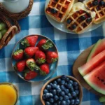 A colorful spread of healthy summer recipes featuring fresh fruits and vegetables.