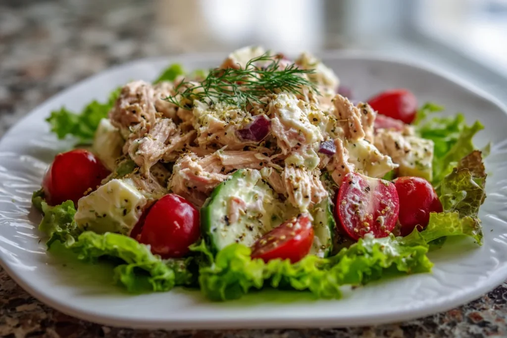 Bowl of healthy tuna salad with fresh vegetables and herbs