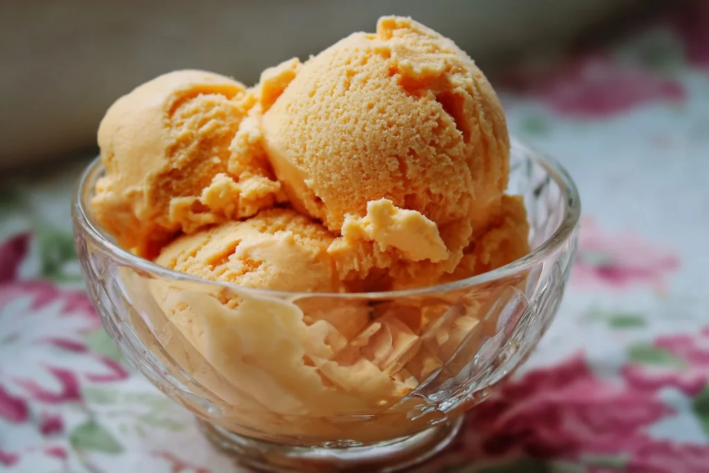 A bowl of creamy homemade peach ice cream with fresh peach slices on top