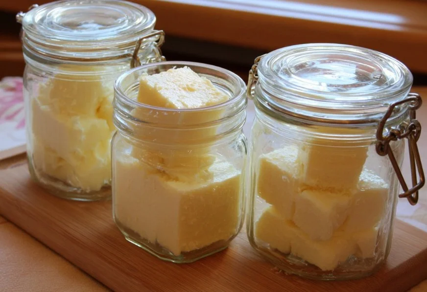Homemade beef tallow in a jar alongside cooking tools