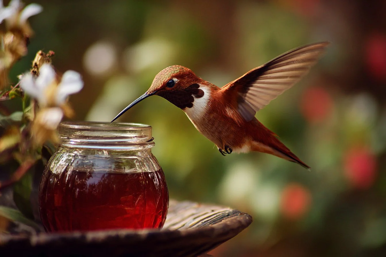 Homemade hummingbird nectar recipe and preparation in a garden setting.