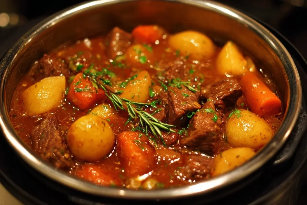 Delicious Instant Pot beef stew served in a bowl with garnishes