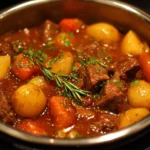 Delicious Instant Pot beef stew served in a bowl with garnishes