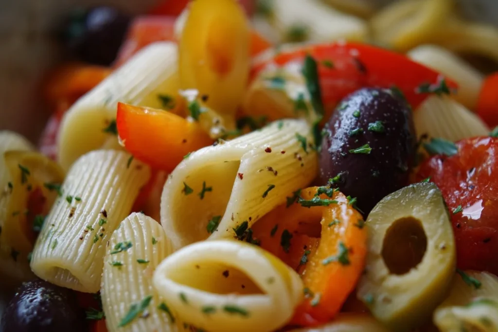 Delicious Italian pasta salad with fresh vegetables and herbs