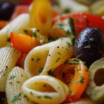 Delicious Italian pasta salad with fresh vegetables and herbs