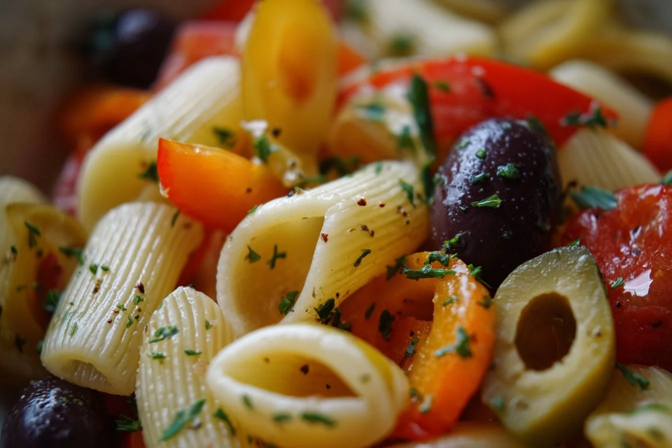 Delicious Italian pasta salad with fresh vegetables and herbs