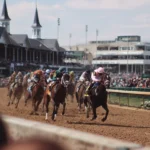 Exciting scene at the Kentucky Derby with horses racing and enthusiastic crowd.