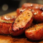 Delicious kielbasa sausage on a plate with herbs and spices