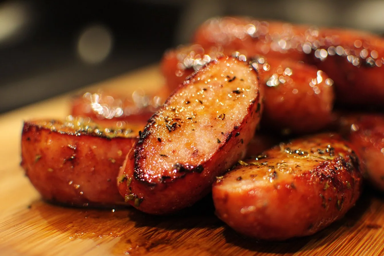 Delicious kielbasa sausage on a plate with herbs and spices