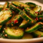 Bowl of Korean cucumber salad with fresh vegetables and spices