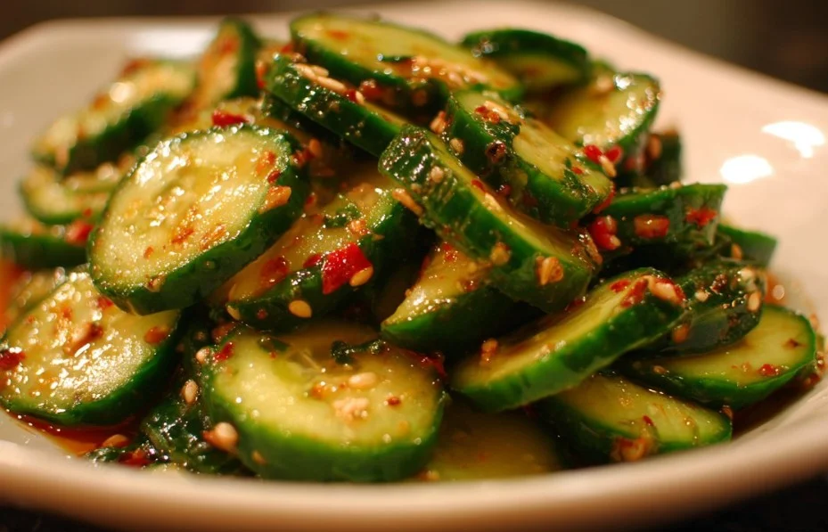 Bowl of Korean cucumber salad with fresh vegetables and spices