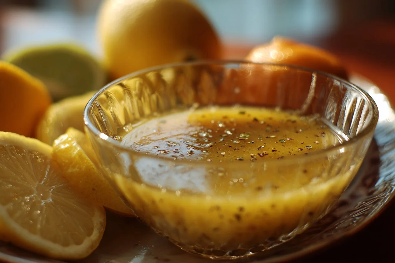 A bowl of fresh lemon vinaigrette dressing with lemon slices and herbs