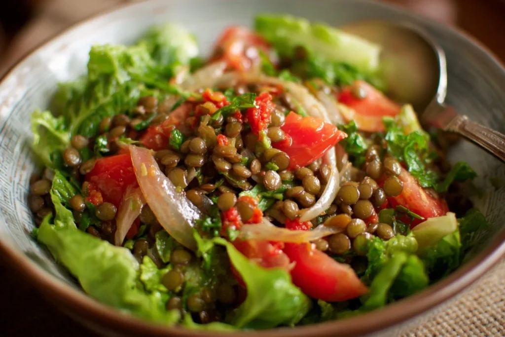 Colorful and healthy lentil salad with fresh vegetables and dressing.