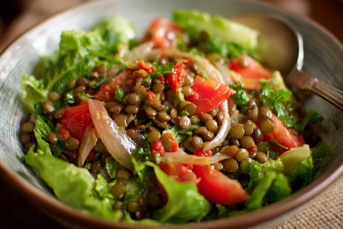 Colorful and healthy lentil salad with fresh vegetables and dressing.