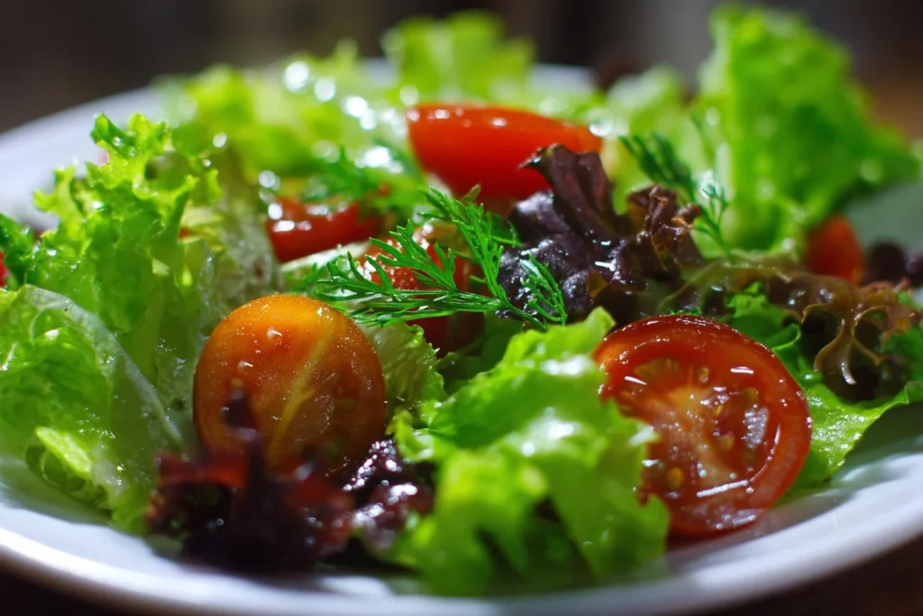 Fresh and colorful lettuce salad with vegetables and dressing