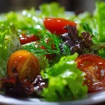 Fresh and colorful lettuce salad with vegetables and dressing