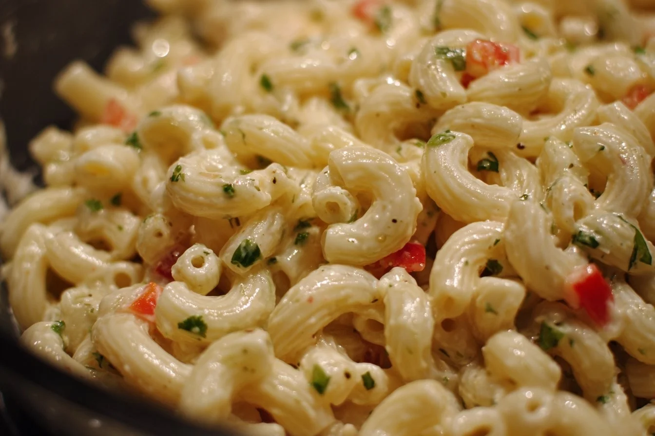 A bowl of creamy macaroni salad with vegetables and dressing served on a picnic table.