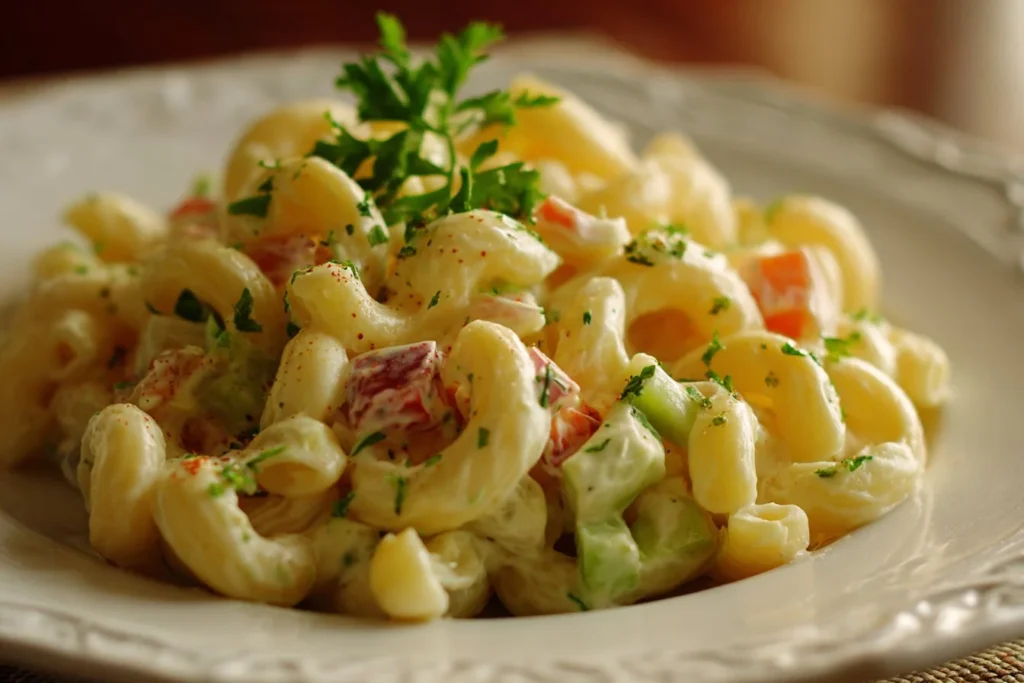 Delicious bowl of macaroni salad with fresh vegetables and dressing