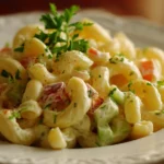 Delicious bowl of macaroni salad with fresh vegetables and dressing