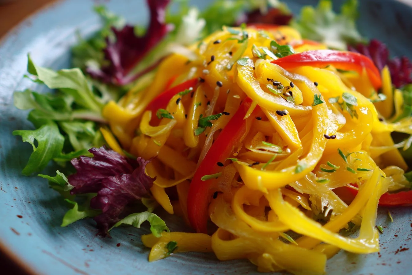 Fresh and colorful mango salad with vegetables and herbs