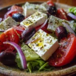 A colorful Mediterranean salad featuring fresh vegetables, olives, and feta cheese.