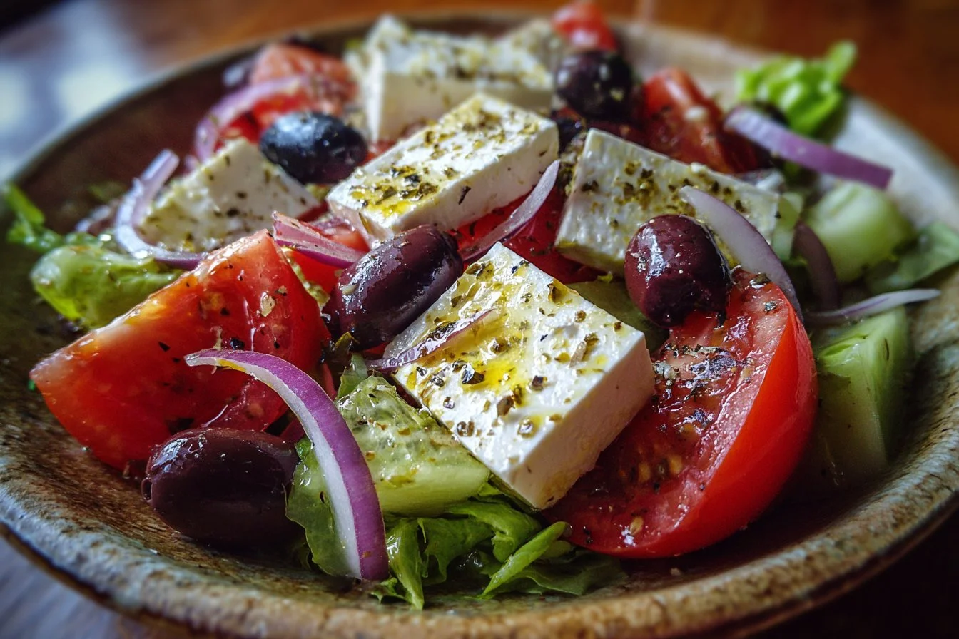 A colorful Mediterranean salad featuring fresh vegetables, olives, and feta cheese.