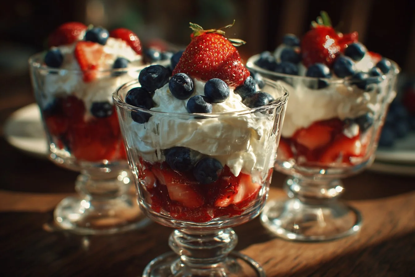 Colorful Memorial Day dessert featuring red, white, and blue layers.