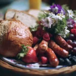 Delicious Memorial Day food spread with barbecue, salads, and festive desserts.