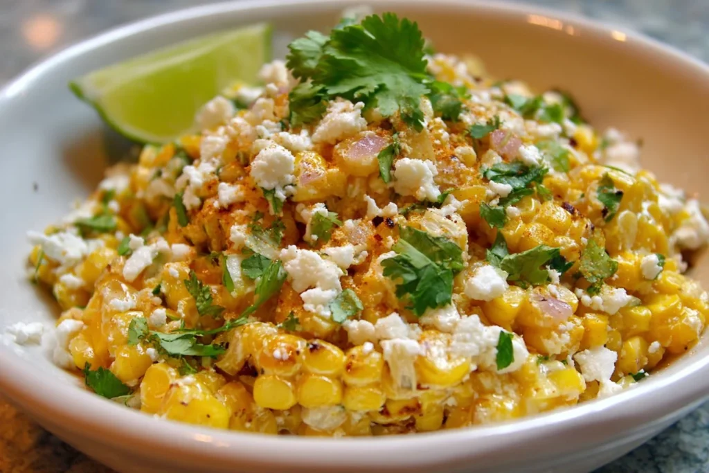Bowl of colorful Mexican street corn salad topped with cilantro and cheese