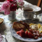 Delicious Mother's Day breakfast spread with flowers and treats.