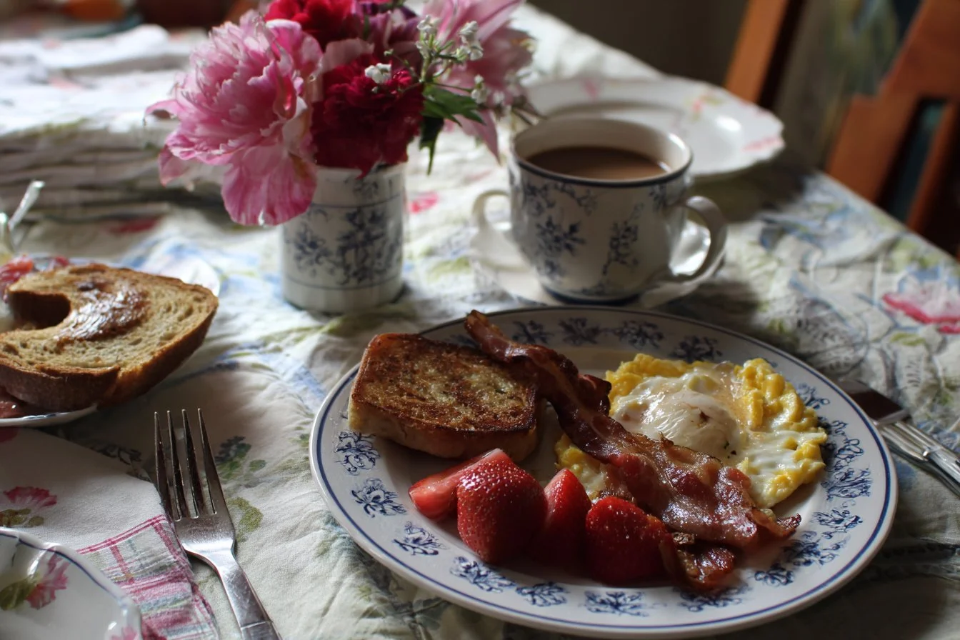 Delicious Mother's Day breakfast spread with flowers and treats.
