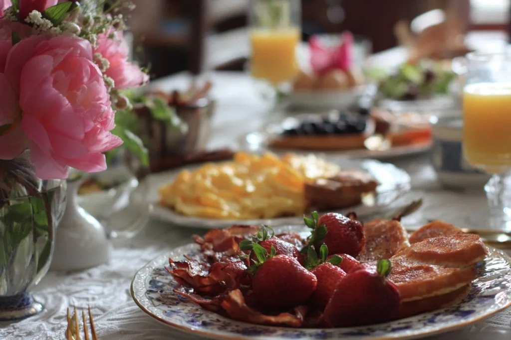 Mouthwatering Mother's Day brunch spread with flowers and elegant table setting.