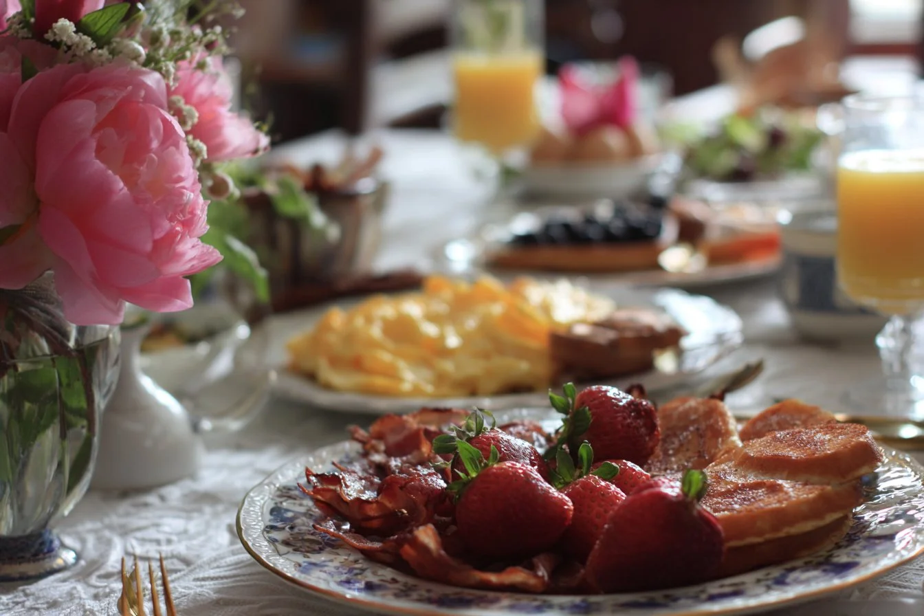 Mouthwatering Mother's Day brunch spread with flowers and elegant table setting.