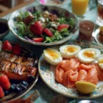 Delicious Mother's Day brunch table with flowers and treats