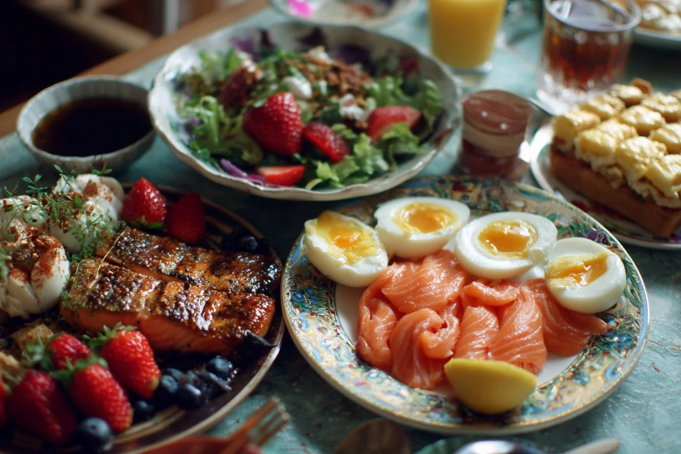Delicious Mother's Day brunch table with flowers and treats