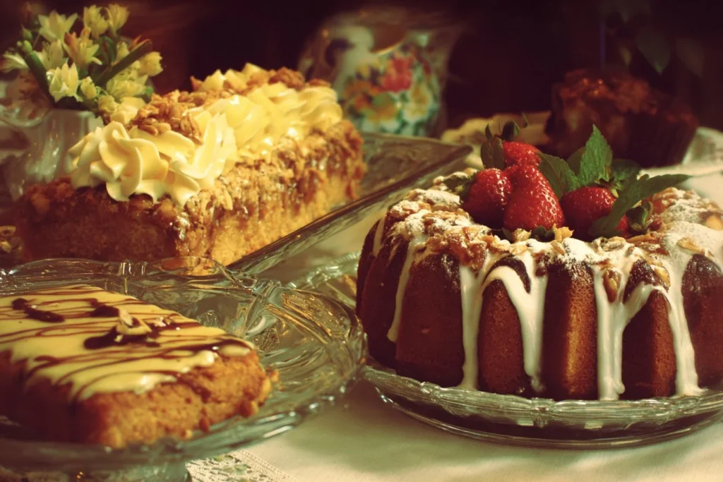 Colorful Mother's Day desserts featuring cakes, cookies, and candies.