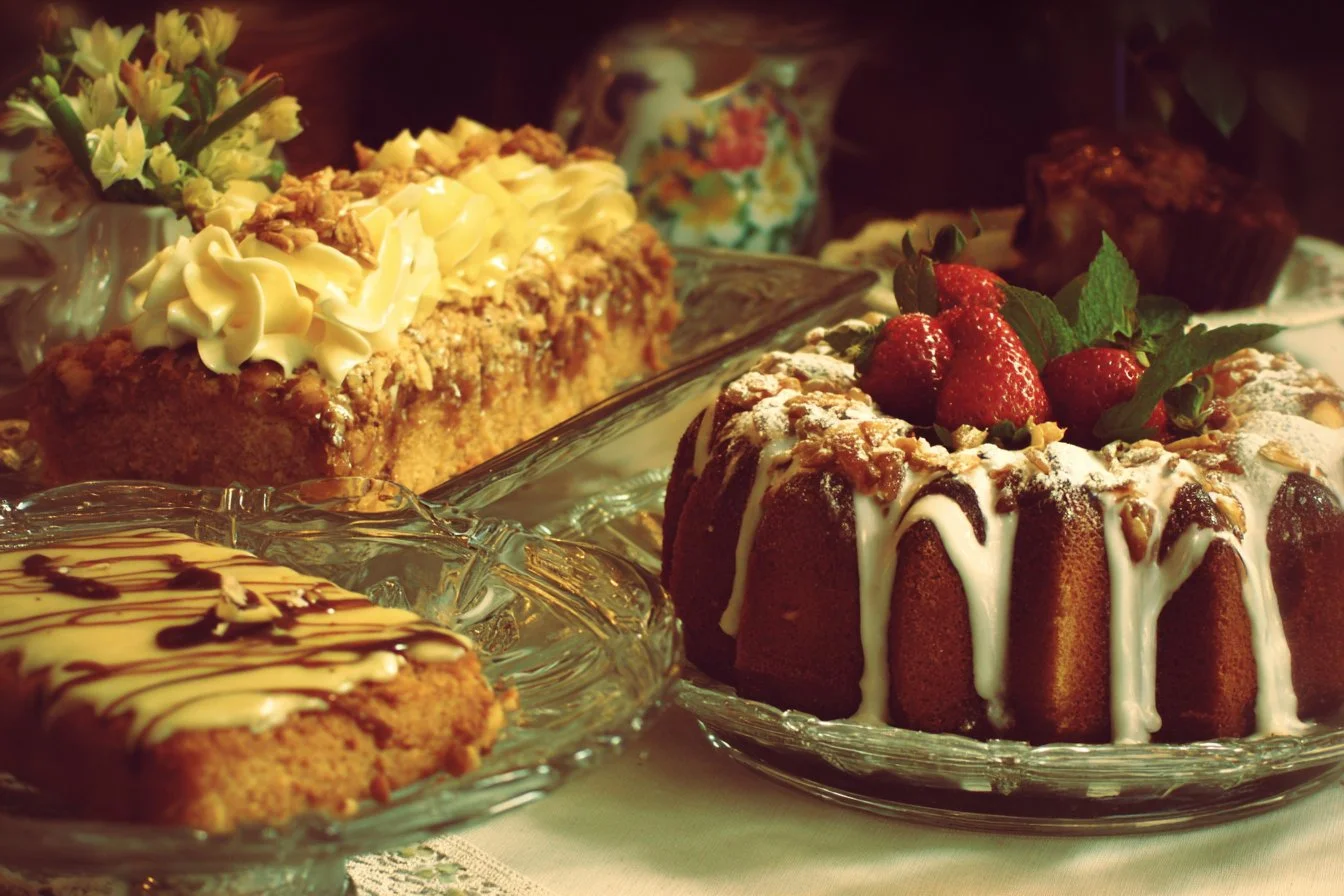 Colorful Mother's Day desserts featuring cakes, cookies, and candies.