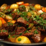 Delicious no peek beef tips served with savory sauce and veggies.