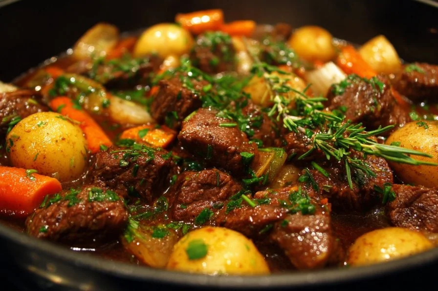 Delicious no peek beef tips served with savory sauce and veggies.