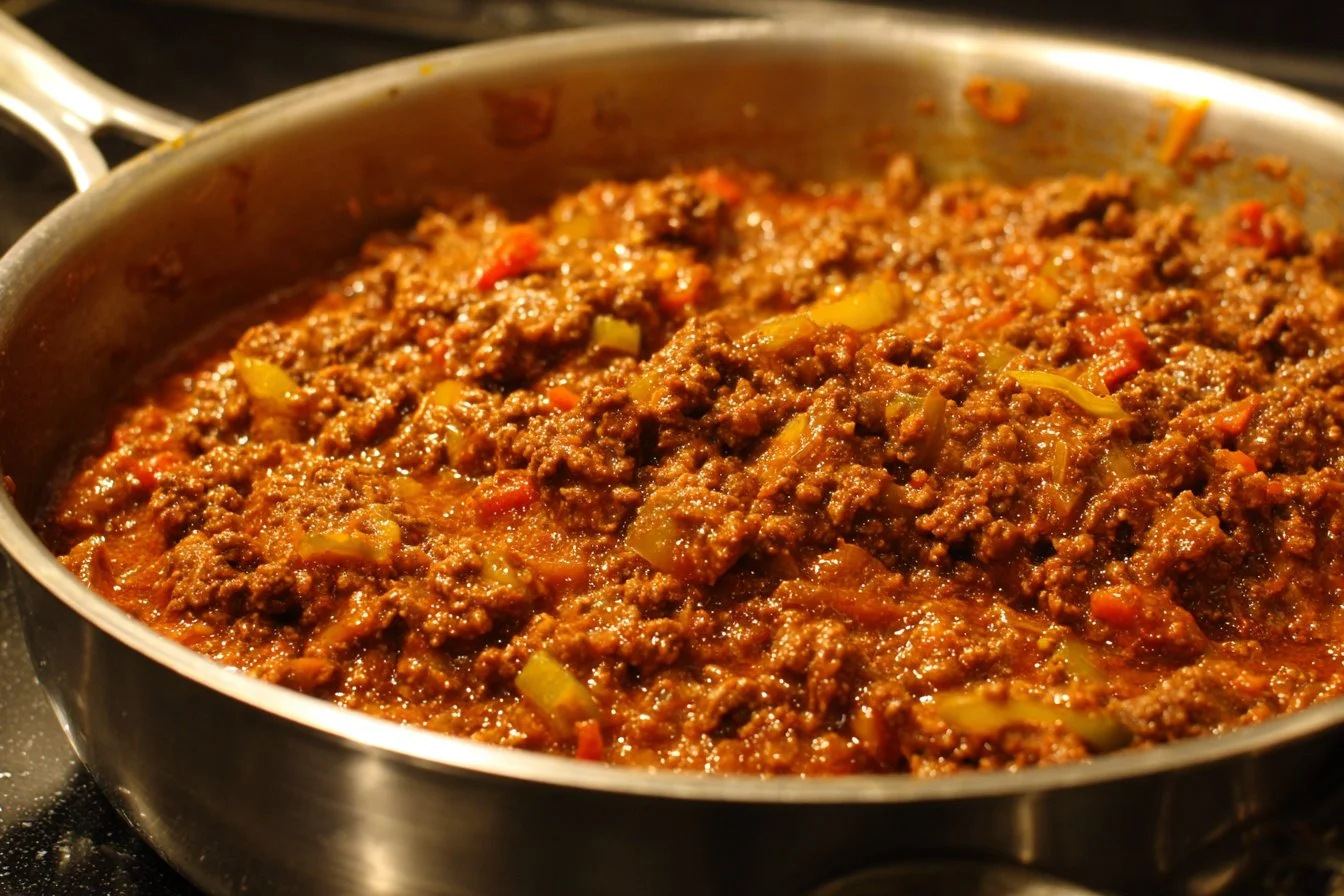 One pot ground beef recipe served with vegetables and pasta.