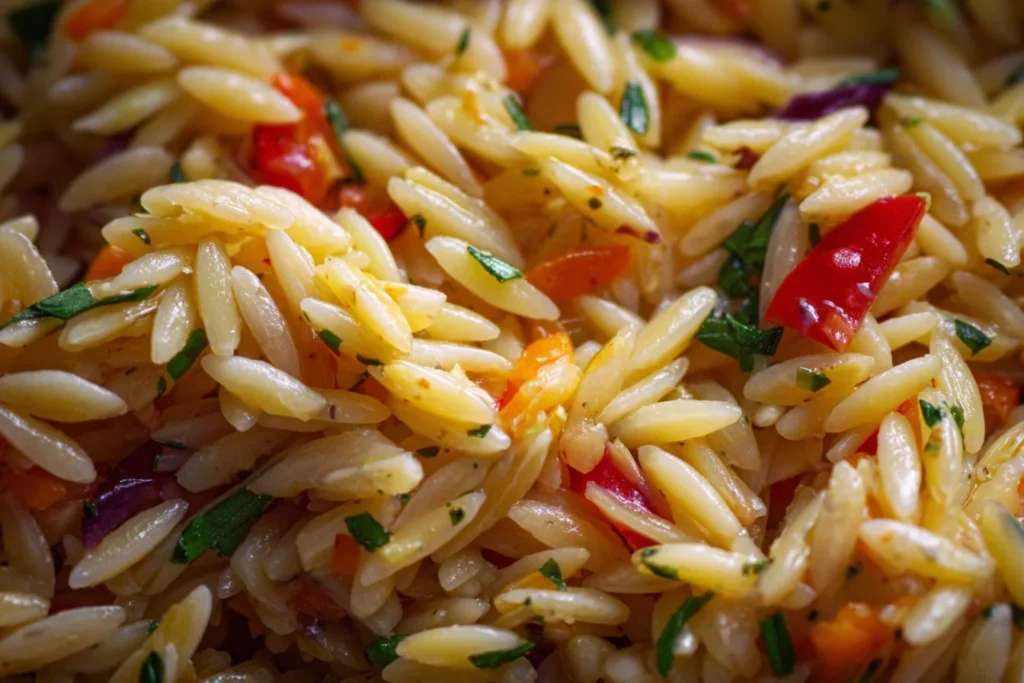 Colorful orzo pasta salad with fresh vegetables and herbs in a bowl