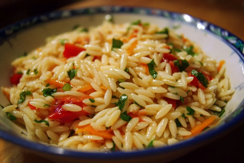Delicious orzo salad with fresh vegetables and herbs
