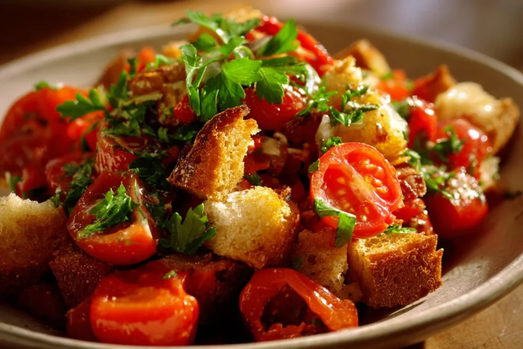 Colorful Panzanella Salad with tomatoes, bread, and basil on a plate