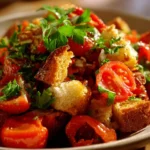 Colorful Panzanella Salad with tomatoes, bread, and basil on a plate